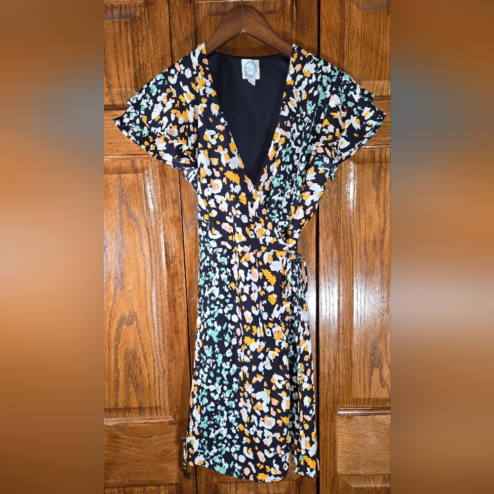 Blue Rain Blue/Green/Orange Flutter Sleeve Wrap Mini Dress,  sz S